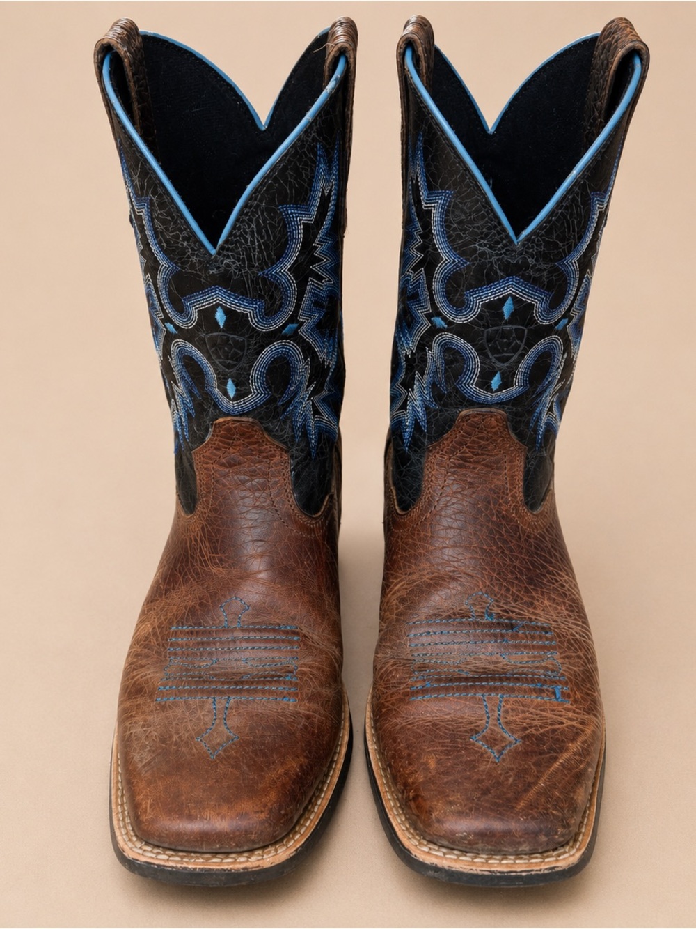 ARIAT Western Cowboy Boots Boys Size 4.5 / EU 36 Brown Blue Leather Embroidered